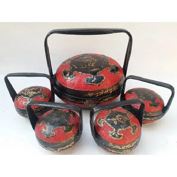 5 biji Antik seni Cina peranakan tenong / rantang era ned - Indié