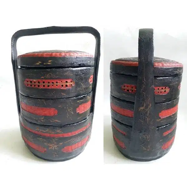 Old vintage seni anyaman bamboe Cina peranakan tenong / rantang era ne