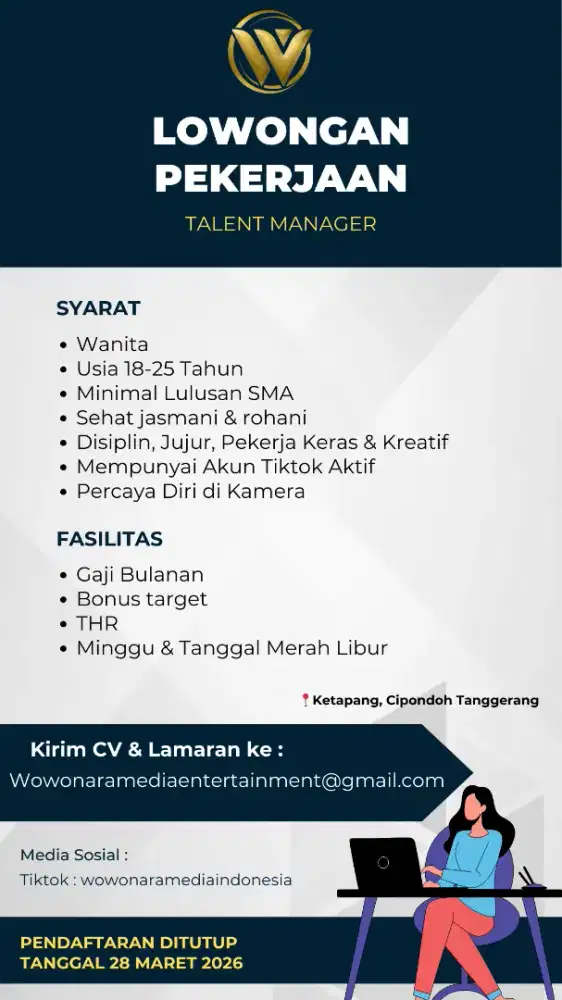 Dibutuhkan Segera Talent Manager/Admin (Wanita) - Tanggerang - JakBar