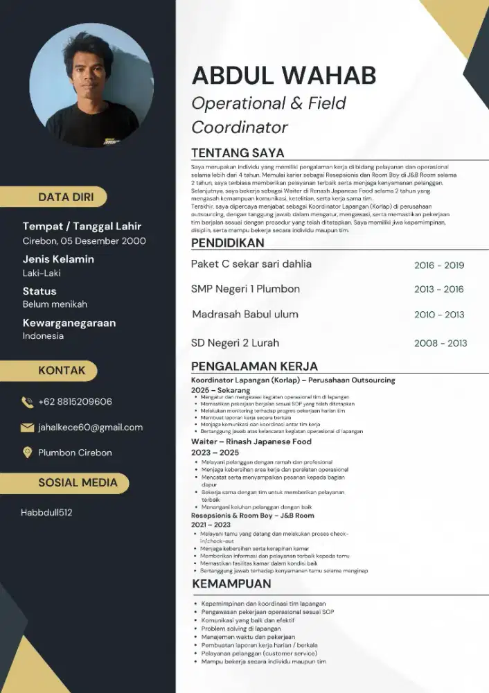 Cari kerja pengalaman di rumah makan, room boy, security, korlap