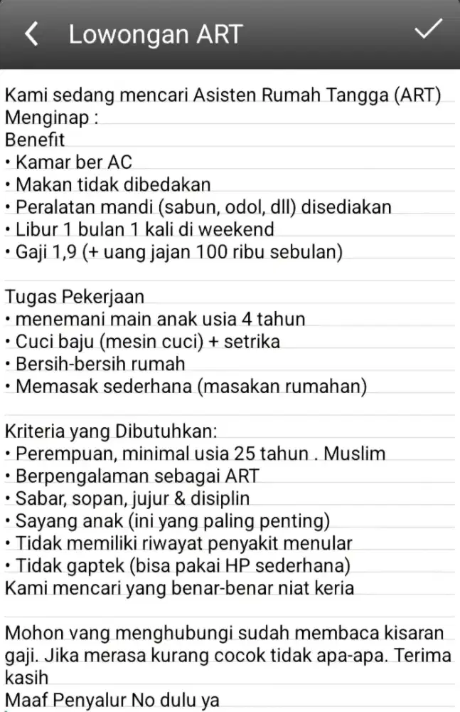 Mencari ART Menginap lokasi pondok ranggon