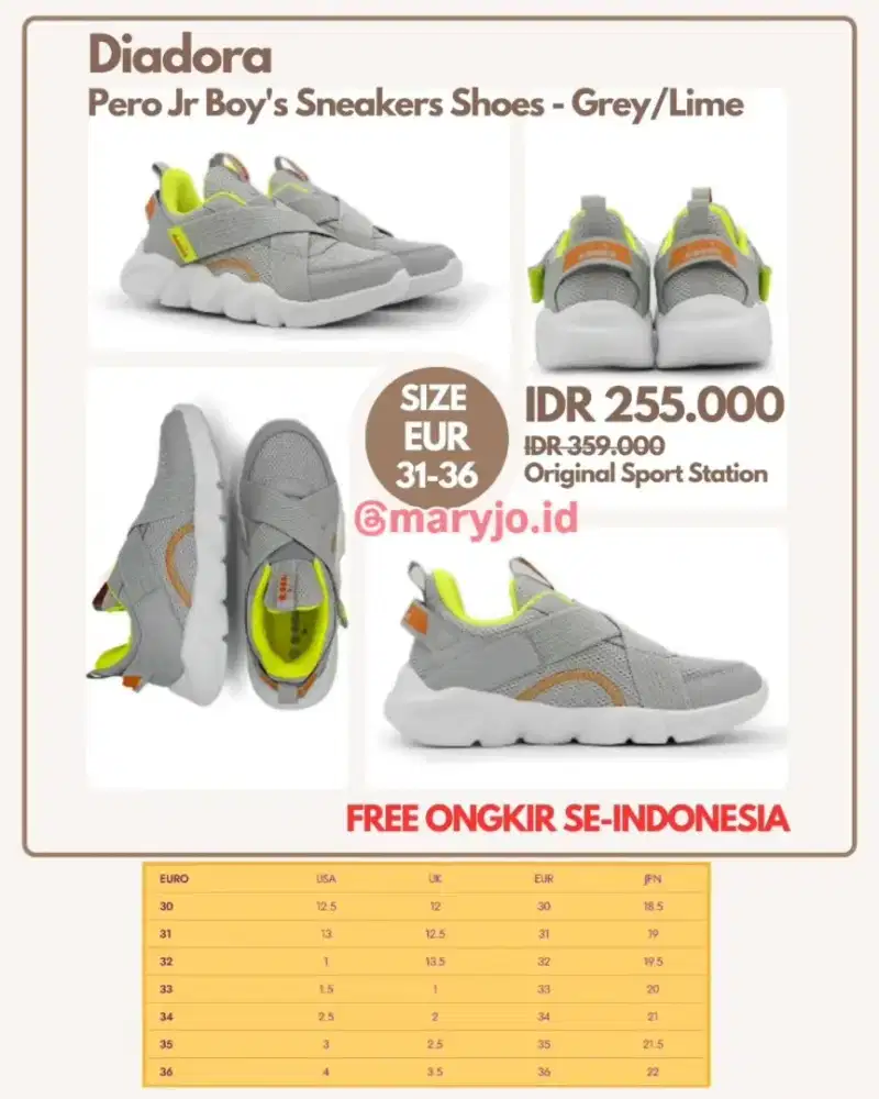 Diadora Pero Jr Boy's Sneakers Shoes - Grey Size 31-36