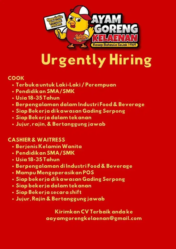 Lowongan Kerja Ayam Goreng Kelaenan