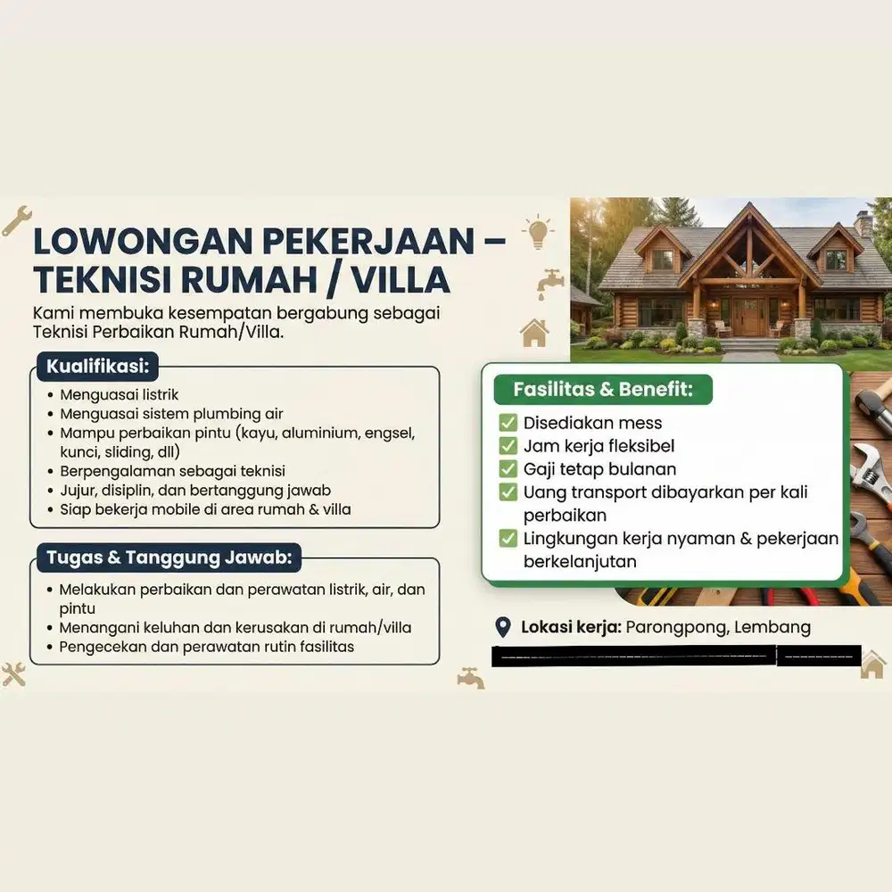 LOWONGAN PEKERJAAN - TEKNISI RUMAH / VILLA