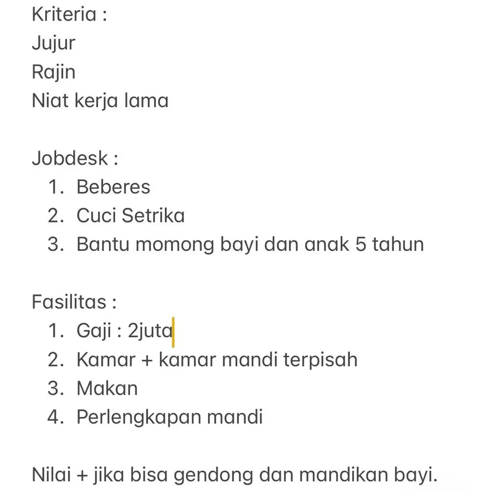 Dicari ART + momong menginap Serpong