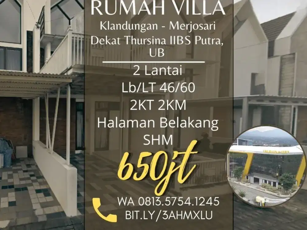 Rumah dijual di Joyoagung Merjosari 2Lt dekat IBBS UB UMM UIN 650jt