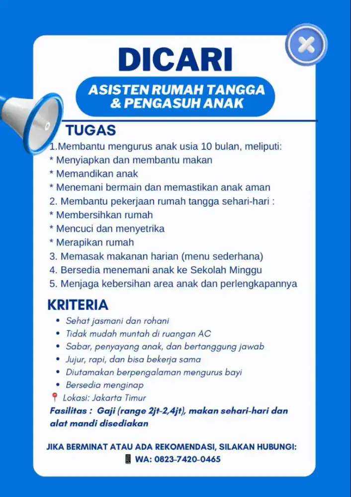 Dibutuhkan segera ART + Babysitter