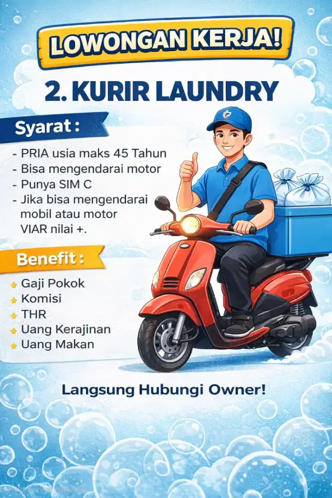 Dibutuhkan Staff dan Kurir Laundry