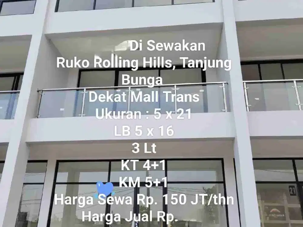 Disewakan Ruko 3 lt di Rolling Hills Tjg Bunga Makassar