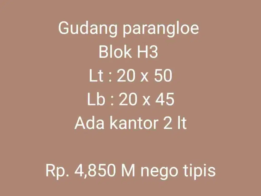 Dijual Gudang Parangloe blok H Makassar
