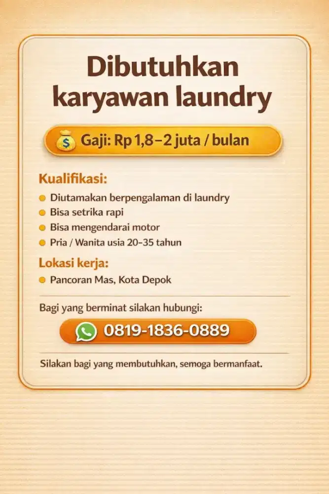 Dibutuhkan Karyawan Laundry