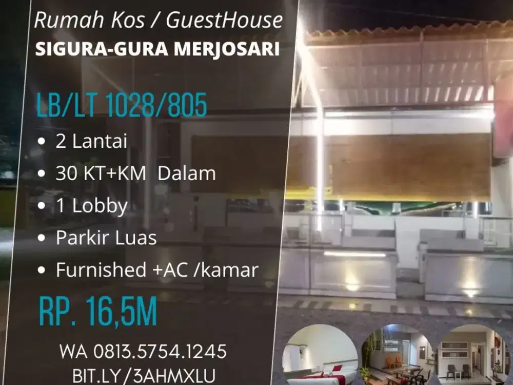 Rumah Kos Guest house dijual sigura-gura UB UIN ITN Matos furnished Income500jt