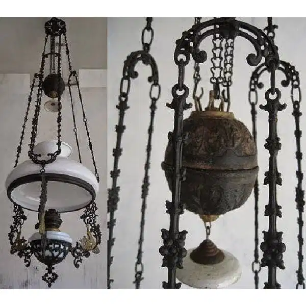 Antik art nouveau Lampu minyak kerek/katrol antik era kolonial