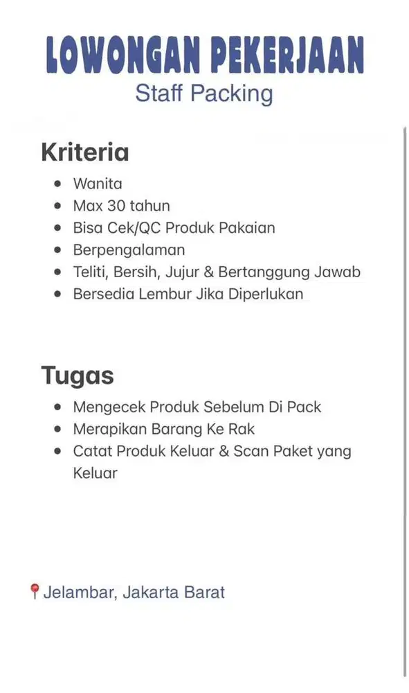 Lowongan kerja tim packing