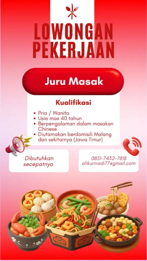 Lowongan Kerja Juru Masak (Koki) Chinese Food - Area Malang