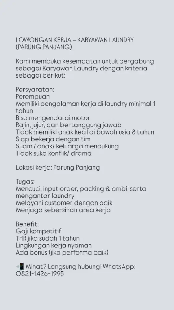 Dicari pegawai Laundry