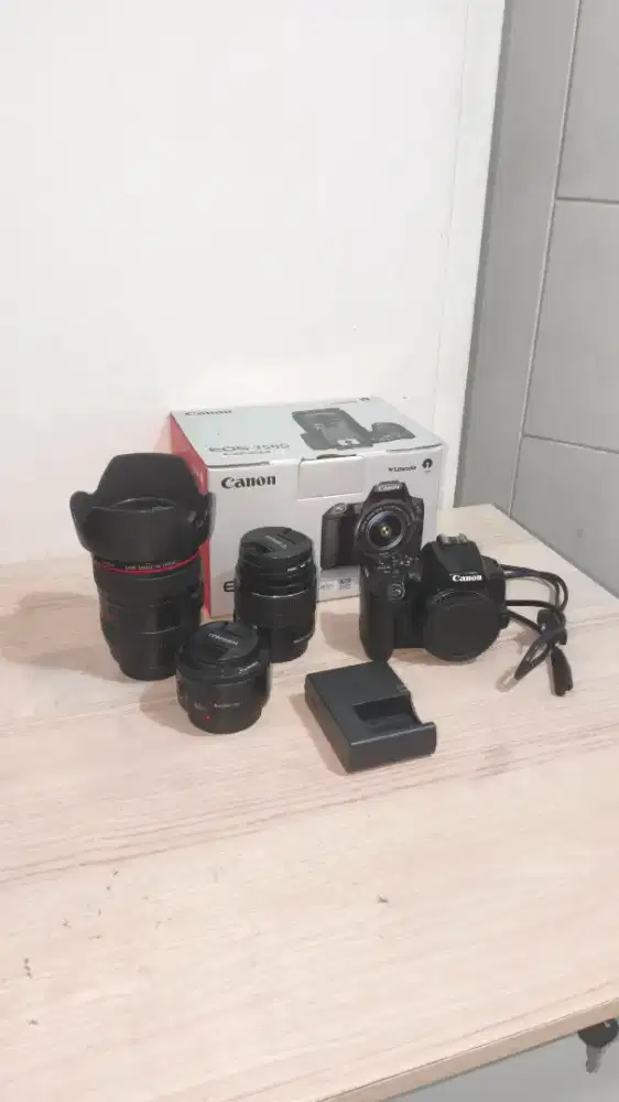 Canon 250D lensa 24-105mm, fix 50mm, dan Kit