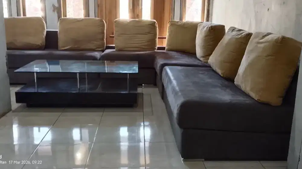 Wts sofa tamu letter L jumbo branded merk Cellini set meja ori