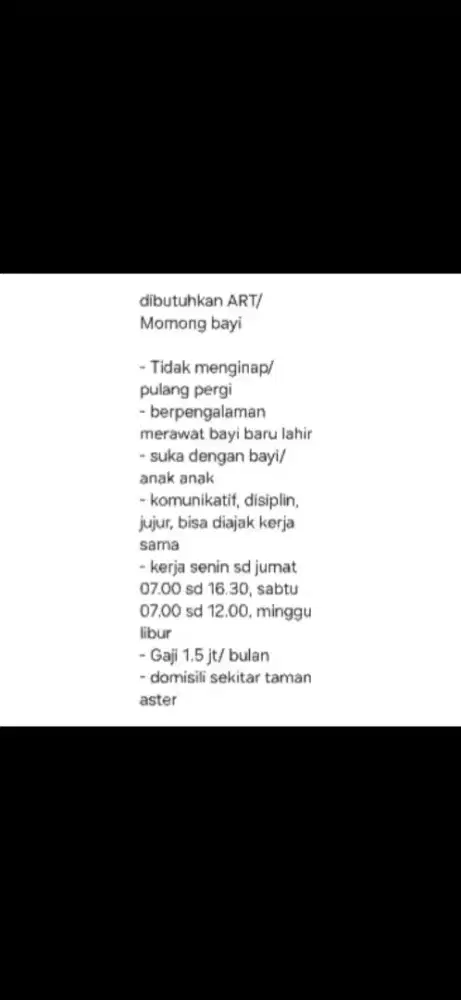 Dibutuhkan ART/ Momong bayi