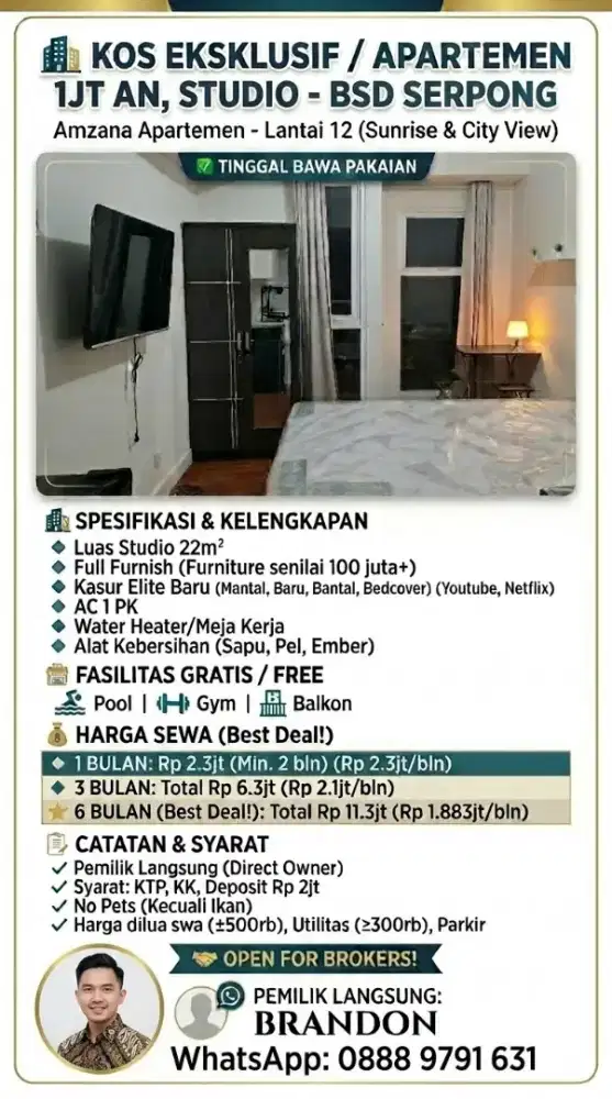 Sewa Kos Premium/ Apartemen 1jt-an BSD, Serpong, Tangerang Amazana