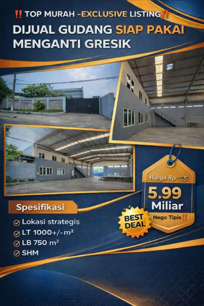 Dijual gudang Siap Pakai Menganti Gresik