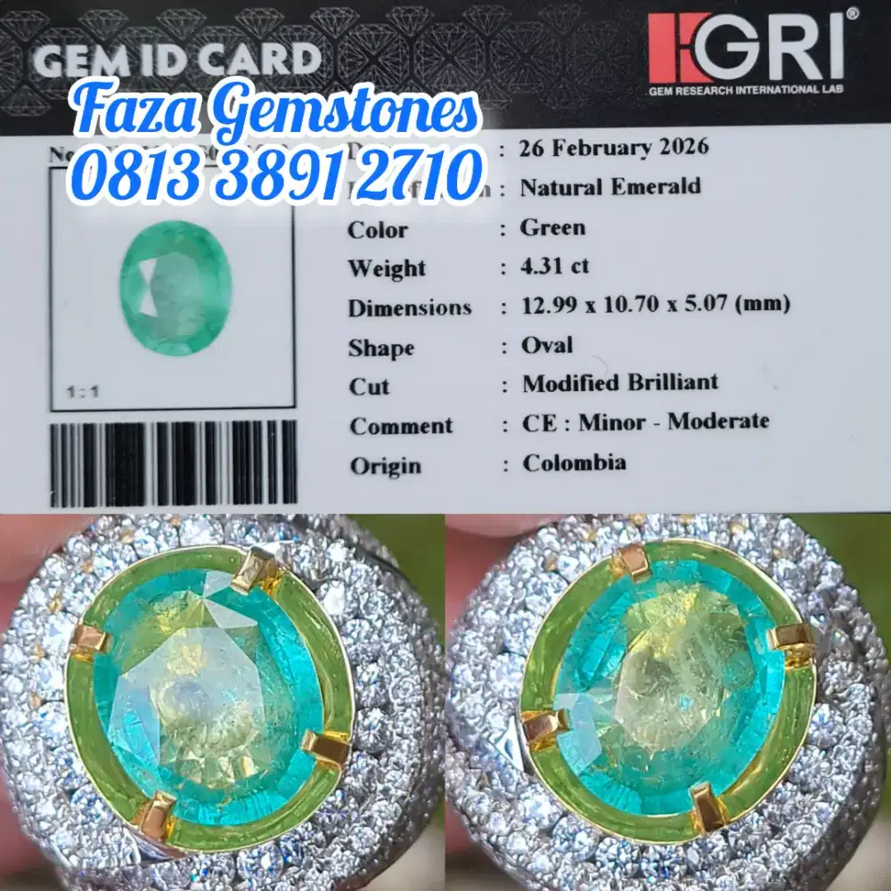 Emerald Zamrud Colombia, 4.31 ct, Full Kaca & Christal, Meja Lebar