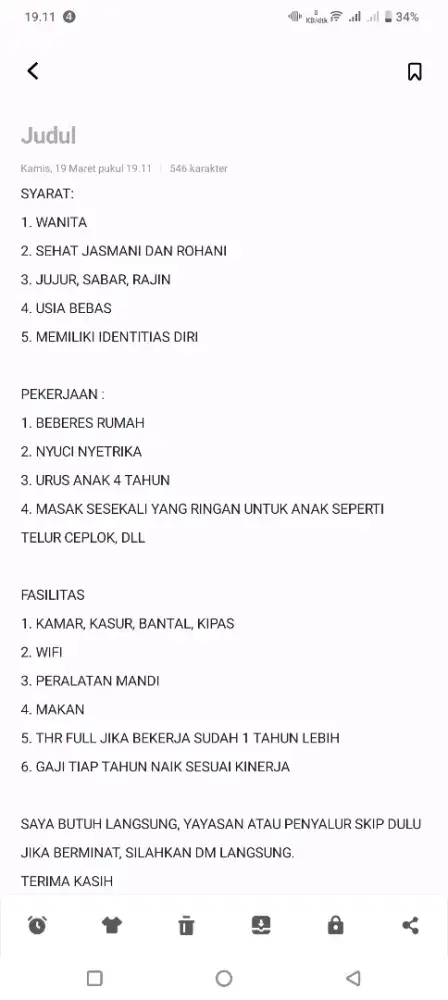 DIBUTUHKAN ART / ASISTEN RUMAH TANGGA DAN MENGURUS ANAK MENGINAP