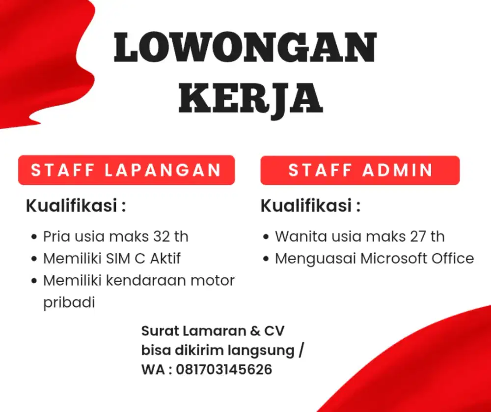 Lowongan Staff Admin dan Staff Lapangan