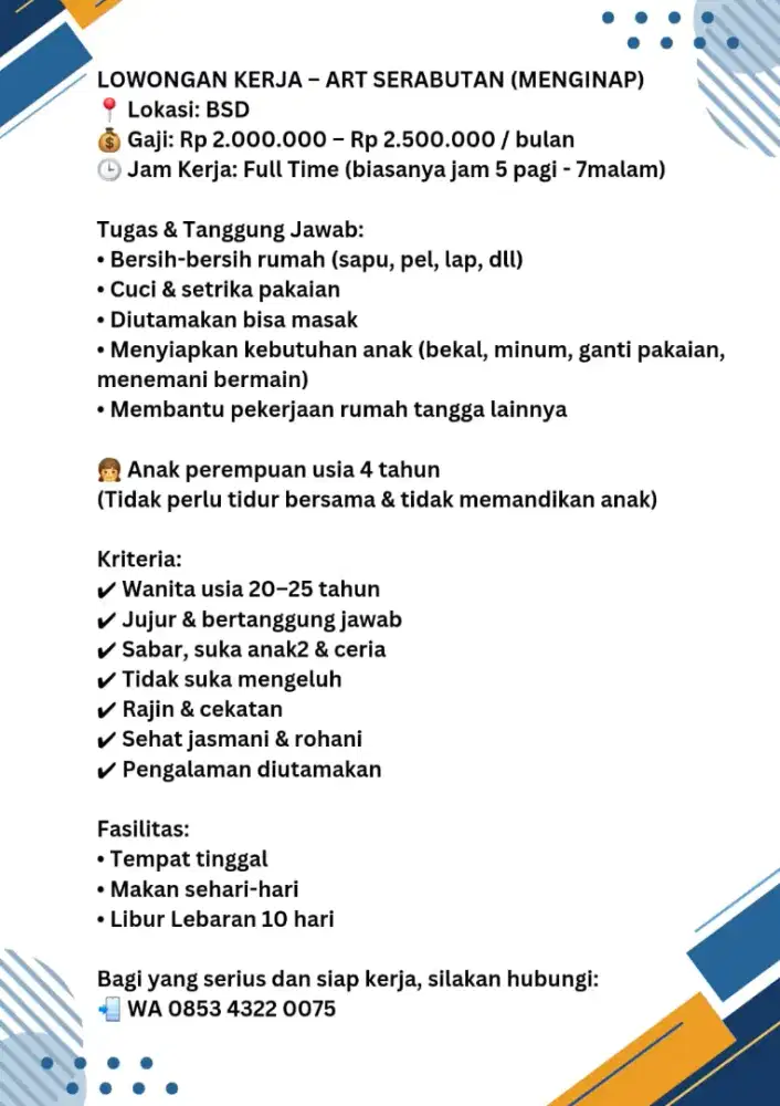 Art serabutan butuh tgl 27 april menginap