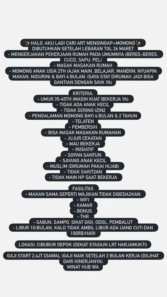 Halo aku lagi cari art menginap + momong (majikan langsung)