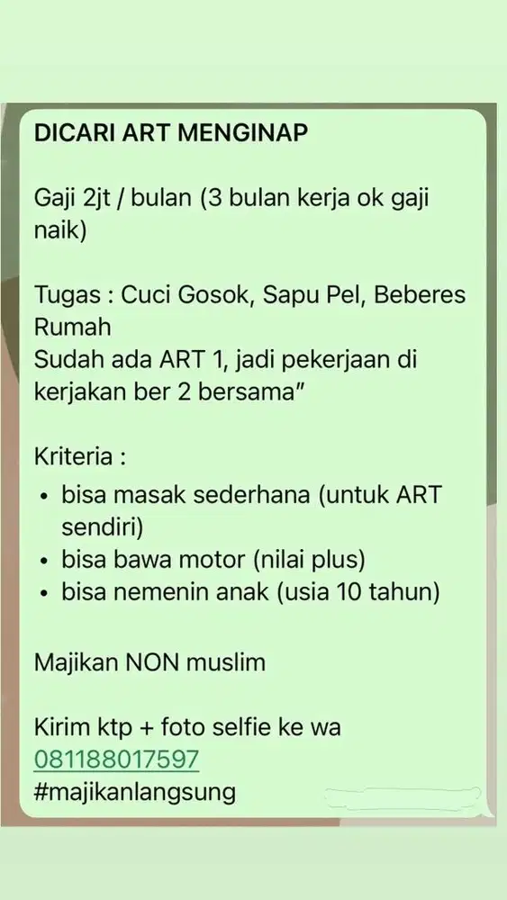 DICARI ART MENGINAP JAKARTA PUSAT