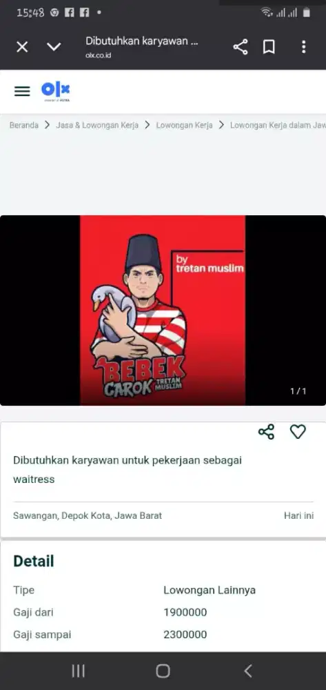 Dibutuhkan karyawan waitress di Bebek Carok Sawangan