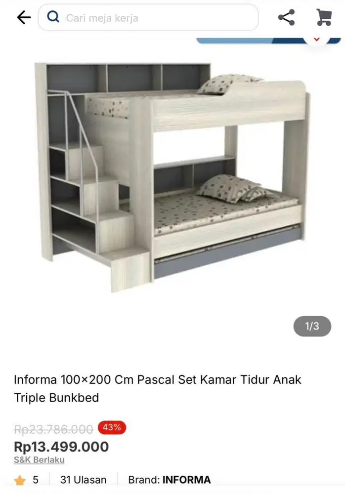 Bunkbed tempat tidur ranjang tingkat informa 3 bed size 100 x 200