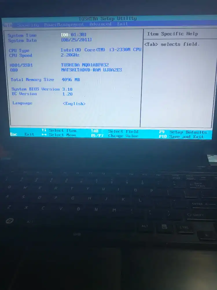 Laptop Toshiba Intel Core i3-2330M, hard drive Toshiba MQ01ABF032.