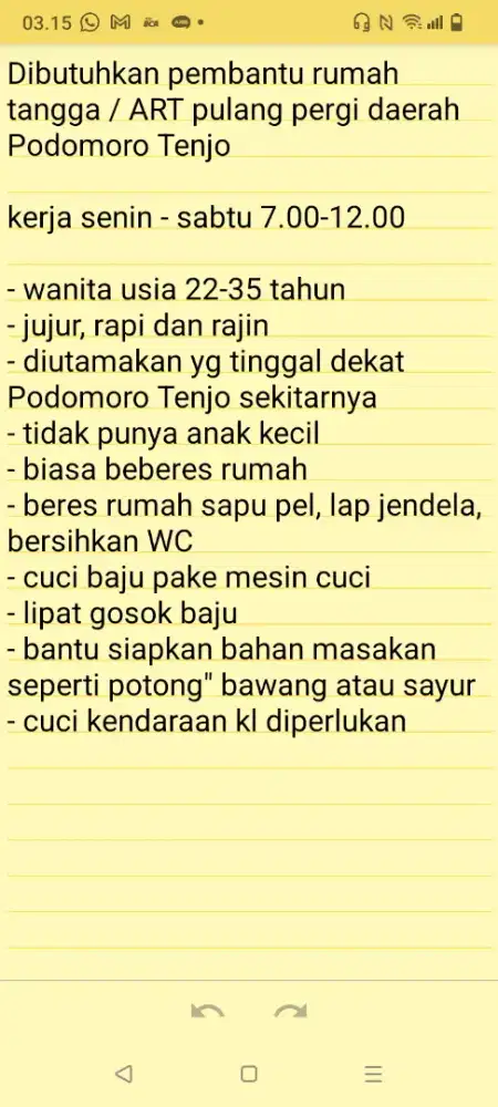 Dibutuhkan pembantu rumah tangga / ART pulang pergi Tenjo
/ Tigaraksa