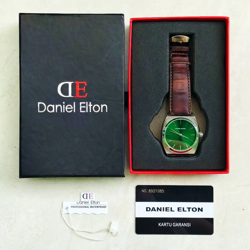Jam Tangan Minimalis Daniel Elton Time Teller Silver Green Dial Brown