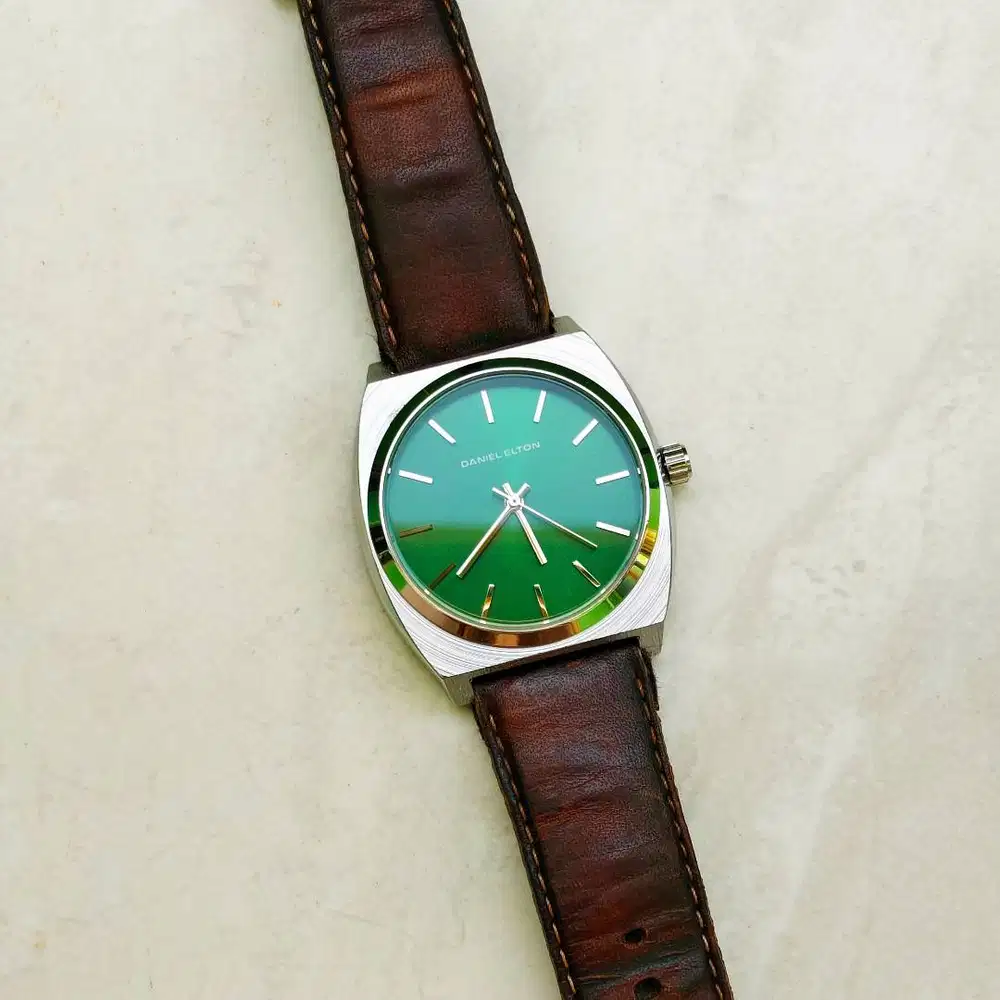 Jam Tangan Minimalis Daniel Elton Time Teller Silver Green Dial Brown