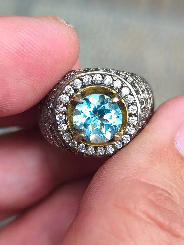 Batu blue topaz Swiss 2.19 crat ring perak memo MGL top kristal