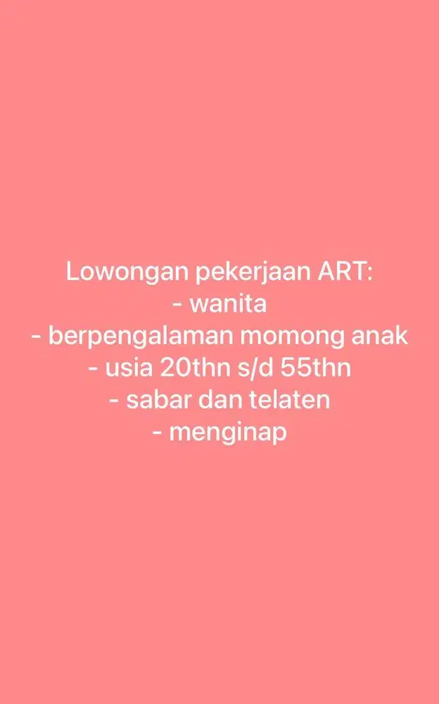 Lowongan pekerjaan ART BABY SITTER Dibutuhkan cepat