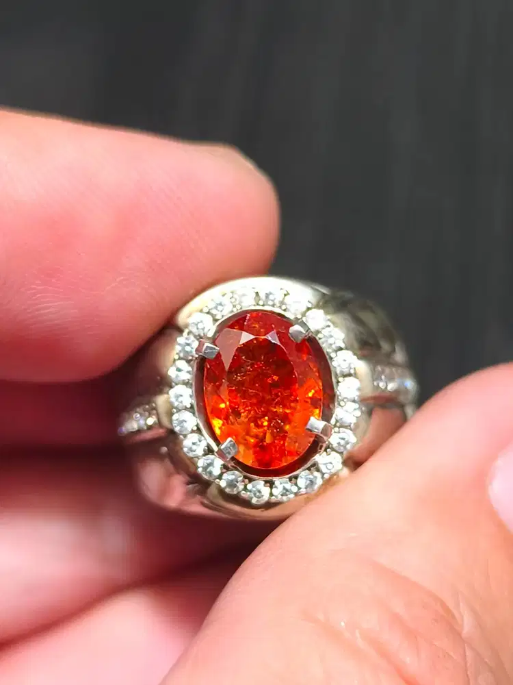 Batu garnet spessartite 2.47 crat ring perak memo GLI top kristal