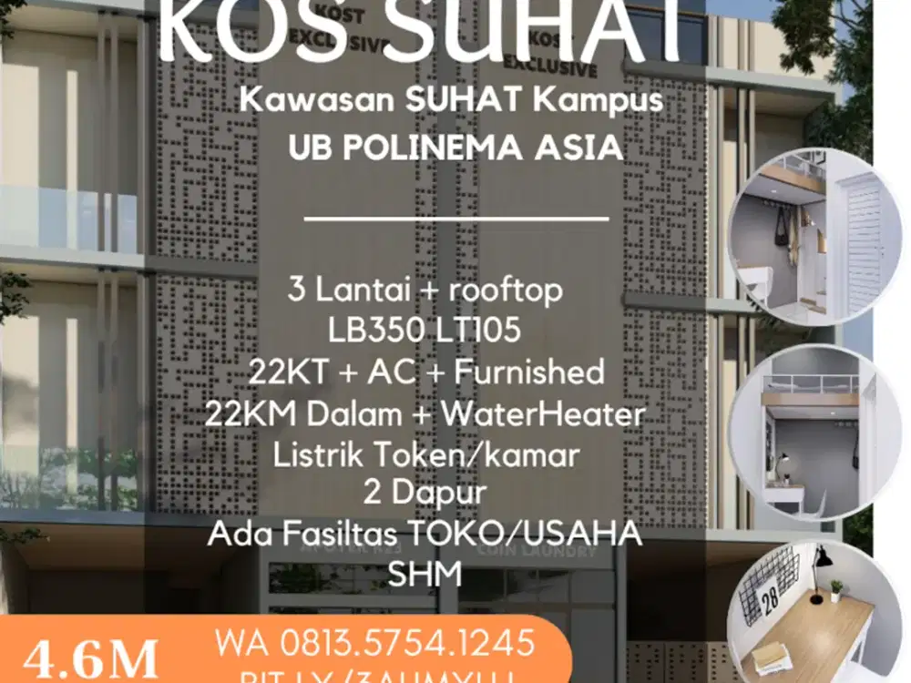 Kos dijual kawasan SUHAT UB Polinema ASIA 22KT 22KMD furnished AC Token 4,6M