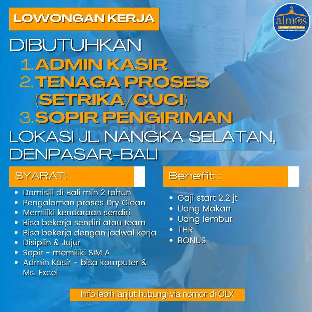 Lowongan Kerja Tenaga Laundry & Dry Clean,Gaji+Lembur+UM+BNS, DPS-Bali