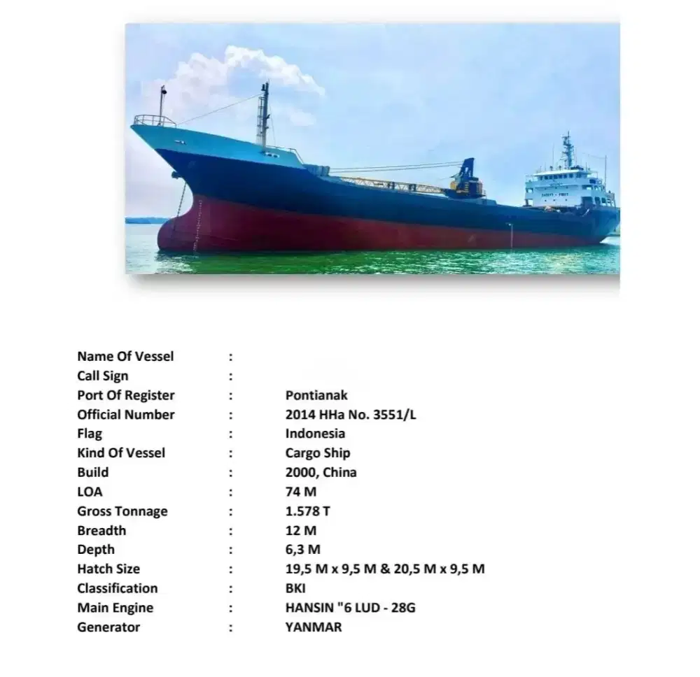 Di jual kapal cargo 2400 dwt tahun 2000