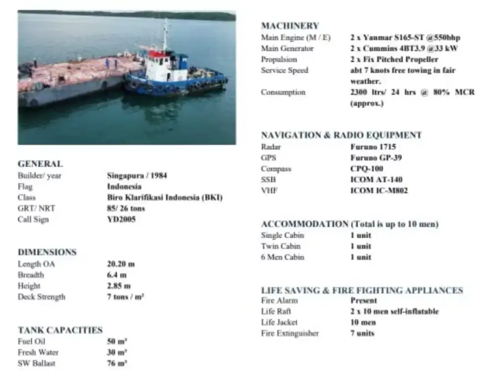 Di jual Tugboat / kapal tunda mesin Yanmar 2x550 hp tahun 1984