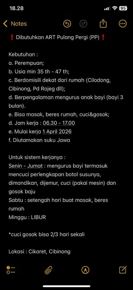 Dicari ART Pulang Pergi