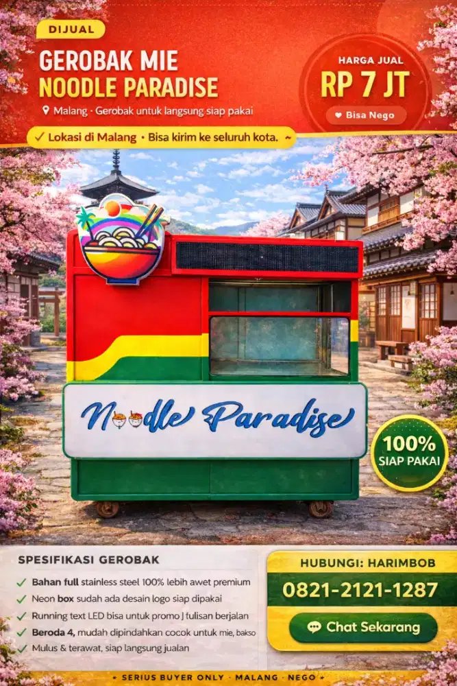 Gerobak Mie Siap Pakai Full Stainless + Neon Box & LED Running