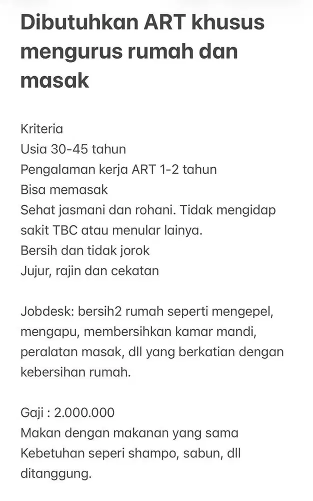 DIBUTUHKAN ASISTEN RUMAH TANGGA