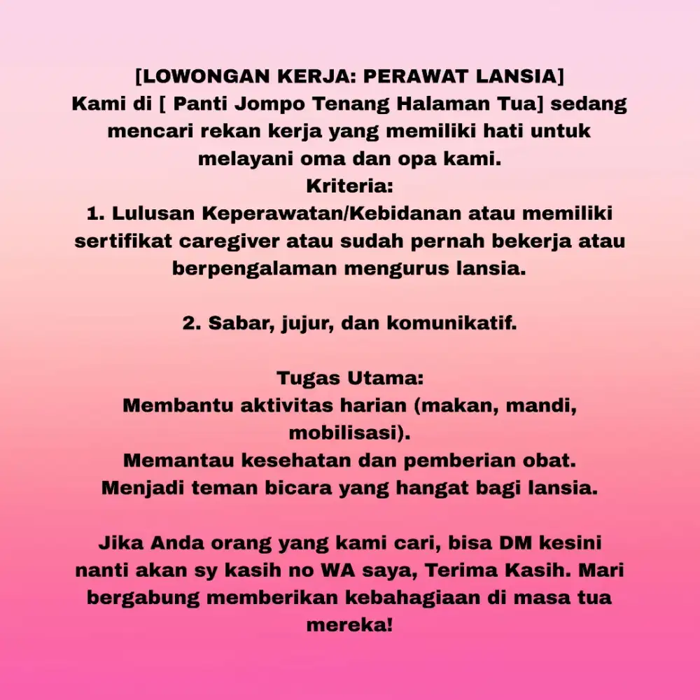 Dicari lowongab kerja perawat lansia