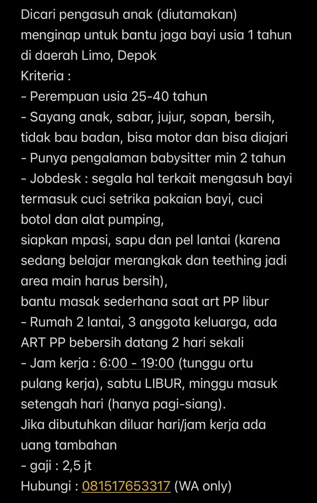 Dicari pengasuh bayi 1 tahun di Limo Depok