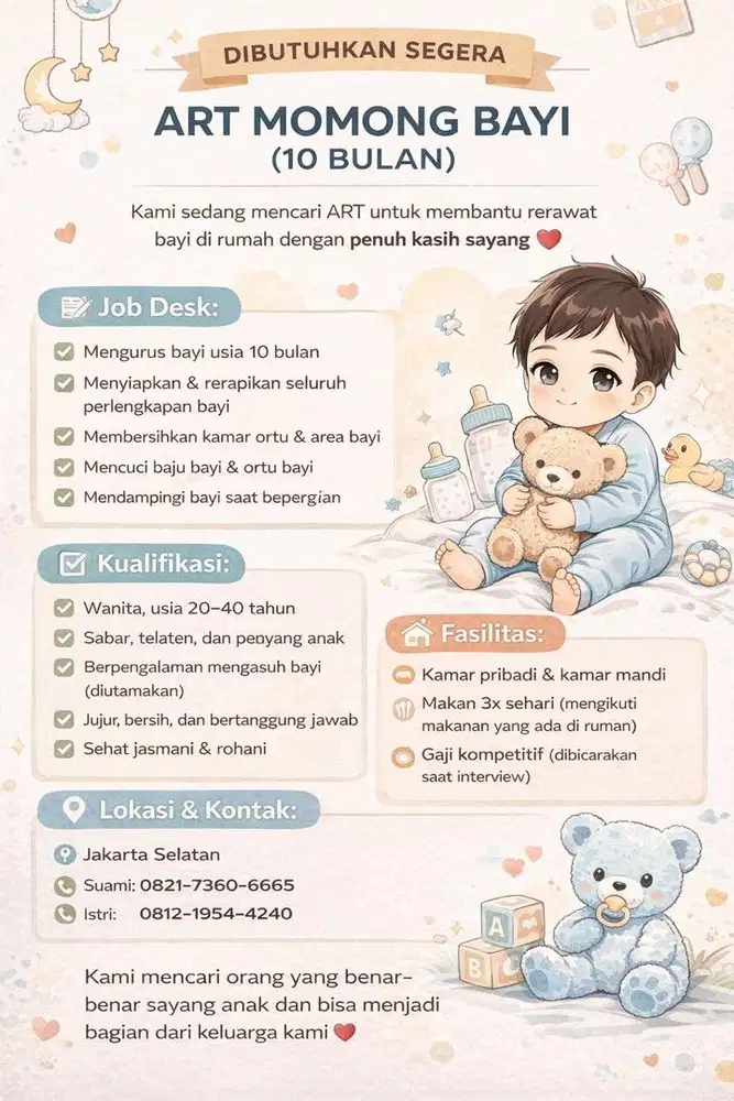 ART Bayi 10bln/Jakarta Selatan/Fasilitas Lengkap